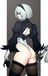 Rule 34 | 1girl, absurdres, ass, back cutout, black hairband, black thighhighs, blindfold, clothing cutout, commentary, cowboy shot, distr, english commentary, from behind, gloves, hairband, highres, holding, holding sword, holding weapon, leotard, long sleeves, nier (series), nier:automata, profile, short hair, signature, skindentation, solo, sword, thighhighs, weapon, white hair, 2b (nier:automata)