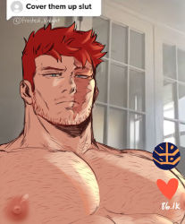 Rule 34 | 1boy, bara, beard, boku no hero academia, chest hair, cover them up slut (meme), endeavor (boku no hero academia), facial hair, large pectorals, leo (frosted knight), looking at viewer, male focus, mature male, meme, messy hair, muscular, muscular male, nipples, nude, pectoral focus, pectorals, red hair, scar, scar across eye, scar on face, short hair, sideburns, solo, stubble, tiktok, unamused, upper body