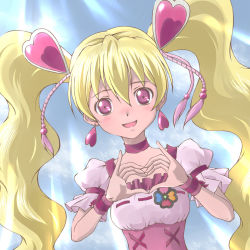 Rule 34 | 00s, 1girl, aikawa yousuke, blonde hair, blue background, choker, corset, cure peach, earrings, fresh precure!, hair ornament, heart, heart hair ornament, heart hands, highres, jewelry, long hair, magical girl, momozono love, pink eyes, precure, smile, solo, twintails