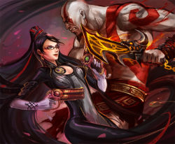 Rule 34 | 1boy, 1girl, amulet, bald, bayonetta, bayonetta (series), bayonetta 1, black hair, bodypaint, bodysuit, breasts, brown hair, cleavage, cleavage cutout, clothing cutout, couple, crossover, dual wielding, earrings, elbow gloves, glasses, gloves, god of war, green eyes, gun, handgun, holding, jewelry, kratos (god of war), long hair, medium breasts, mole, mole under mouth, one eye closed, ponytail, pteruges, ribbon, sandara, smile, sword, tattoo, very long hair, weapon, wink