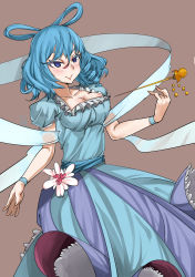 Rule 34 | 1girl, :&gt;, absurdres, bad id, bad pixiv id, blue dress, blue eyes, blue hair, breasts, brown background, cleavage, colored eyelashes, dress, hair ornament, hair rings, hair stick, highres, kaku seiga, large breasts, looking at viewer, matching hair/eyes, shawl, short sleeves, simple background, smile, solo, touhou, wristband, zhayoulu