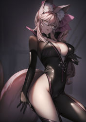 Rule 34 | 1girl, animal ear fluff, animal ears, black bodysuit, bodysuit, bow, breasts, center opening, choker, cleavage, cowboy shot, fate/grand order, fate (series), fox ears, fox girl, fox tail, genyaky, glasses, hair between eyes, hair bow, highres, hip vent, koyanskaya (assassin) (first ascension) (fate), koyanskaya (fate), large breasts, long hair, looking at viewer, open mouth, pink bow, pink hair, ponytail, sidelocks, smile, solo, standing, tail, tamamo (fate), thighs, yellow eyes