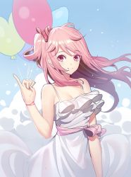 Rule 34 | 1girl, balloon, bow, bracelet, breasts, cleavage, collarbone, dress, emily stock, floating hair, hair bow, holding, holding balloon, jewelry, long hair, looking at viewer, medium breasts, original, pink bow, pink hair, red eyes, ririko (zhuoyandesailaer), sleeveless, sleeveless dress, smile, solo, standing, striped, striped bow, sundress, swept bangs, twintails, very long hair, white dress