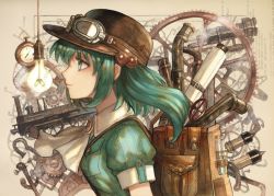 Rule 34 | 1girl, aqua eyes, aqua hair, ascot, backpack, bad id, bad twitter id, bag, beige background, brooch, brown bag, brown hat, closed mouth, commentary, gears, goggles, goggles on headwear, hair bobbles, hair ornament, hat, industrial pipe, jewelry, kawashiro nitori, keiko (mitakarawa), light bulb, light smile, locomotive, looking away, profile, puffy short sleeves, puffy sleeves, short sleeves, solo, steampunk, test tube, touhou, train, two side up, upper body, white ascot