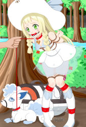 Rule 34 | 1girl, 1other, absurdres, aibaihe, alolan form, alolan vulpix, ankle cuffs, arms behind back, bag, bare shoulders, bdsm, blonde hair, blue eyes, blunt bangs, blush, bondage, bound, bound arms, bound breasts, bound legs, bound torso, braid, breast bondage, breasts, bush, clenched hand, collar, collarbone, creatures (company), crying, crying with eyes open, dress, drooling, duffel bag, embarrassed, female focus, fingernails, game freak, gen 7 pokemon, green eyes, hat, highres, hunched over, knee socks, kneehighs, leaning forward, leash, leash pull, leg cuffs, lillie (pokemon), looking at another, looking to the side, name tag, nintendo, outdoors, poke ball, poke ball (basic), pokemon, pokemon sm, pussy juice, pussy juice drip, pussy juice puddle, pussy juice trail, river, rope, saliva, saliva trail, see-through, see-through dress, sex toy, shibari, shibari over clothes, sidelocks, skindentation, sleeveless, sleeveless dress, small breasts, socks, sun hat, sweat, sweatdrop, tearing up, tears, thighhighs, tree, twin braids, vibrator, vibrator cord, vibrator under clothes, white dress