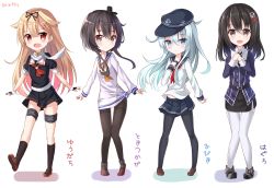 Rule 34 | 10s, 4girls, :d, bad id, bad twitter id, black hair, blonde hair, blue eyes, blue hair, brown eyes, brown hair, character name, chibi, commentary, dress, fang, fingerless gloves, gloves, gradient hair, haguro (kancolle), hair flaps, hair ornament, hair ribbon, hairclip, hibiki (kancolle), kantai collection, kneehighs, long hair, looking at viewer, midriff, multicolored hair, multiple girls, neckerchief, open mouth, pantyhose, pleated skirt, red eyes, remodel (kantai collection), ribbon, rin yuu, sailor dress, school uniform, serafuku, shoes, skirt, smile, socks, tokitsukaze (kancolle), translated, twitter username, uniform, yuudachi (kancolle)