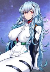 Rule 34 | 1girl, absurdres, ayanami rei, blue hair, blush, breasts, covered erect nipples, covered navel, evangelion: 3.0+1.0 thrice upon a time, evangelion: 3.0 you can (not) redo, gggg, headgear, highres, long hair, looking at viewer, neon genesis evangelion, plugsuit, rebuild of evangelion, red eyes, sitting, smile, solo