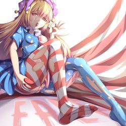 Rule 34 | 1girl, absurdres, american flag dress, american flag legwear, ass, ass grab, bad feet, blonde hair, boqee, breasts, cleft of venus, closed mouth, clownpiece, cum, cum in mouth, cum on tongue, dress, facial, fellatio gesture, grabbing own ass, hat, highres, jester cap, knees up, long hair, looking at viewer, neck ruff, nipples, no wings, pantyhose, polka dot, purple hat, pussy, red eyes, short sleeves, simple background, sitting, small breasts, solo, star (symbol), star print, striped, tongue, tongue out, torn clothes, torn dress, torn pantyhose, touhou, very long hair, white background