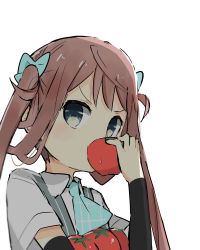 Rule 34 | 10s, 1girl, absurdres, asagumo (kancolle), ascot, blue eyes, blush, brown hair, dress shirt, eating, hair rings, highres, kantai collection, long hair, ooyama imo, shirt, short sleeves, simple background, solo, suspenders, tomato, twintails, white background