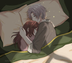 1boy 1girl bed bed_sheet brown_hair closed_eyes closed_mouth hetero highres hug indoors long_hair long_sleeves lying nirvelia on_side pajamas pillow pink_pajamas rosa_(tears_of_themis) shadow short_hair sleeping tears_of_themis vyn_richter_(tears_of_themis) white_hair