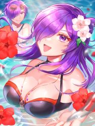 Rule 34 | 1boy, 1girl, :d, absurdres, bare shoulders, bikini, black bikini, black choker, breasts, choker, cleavage, commentary request, dual persona, fire emblem, fire emblem: three houses, fire emblem heroes, fire emblem warriors: three hopes, flower, hair flower, hair ornament, hair over one eye, hibiscus, highres, large breasts, long hair, looking at viewer, nintendo, official alternate costume, open mouth, pink flower, purple eyes, purple hair, red flower, shez (female) (fire emblem), shez (female) (summer) (fire emblem), shez (fire emblem), shez (male) (fire emblem), shez (male) (summer) (fire emblem), short hair, smile, sparkle, swimsuit, upper body, youhei choregi