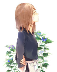 Rule 34 | 1girl, apron, brown eyes, brown hair, facial mark, flower, forehead protector, kaimayo, leaf, naruto, naruto (series), nohara rin, simple background, solo, white background