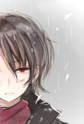 Rule 34 | 10s, 1boy, black hair, blood, blood on face, cuts, hair between eyes, injury, kashuu kiyomitsu, looking at viewer, lowres, male focus, mole, mole under mouth, rain, red eyes, red scarf, scarf, short hair, solo, toi (toiot), touken ranbu, upper body, water, wet, wet hair
