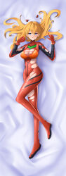 Rule 34 | 1girl, absurdres, alternate breast size, artist request, blue eyes, blush, bodysuit, bracer, breasts, brown hair, curvy, dakimakura (medium), evangelion: 3.0+1.0 thrice upon a time, from above, full body, gloves, hair between eyes, hair down, highres, large breasts, light smile, long hair, long image, looking at viewer, lying, neon genesis evangelion, on back, pilot suit, plugsuit, rebuild of evangelion, simple background, solo, souryuu asuka langley, tall image, torn bodysuit, torn clothes, turtleneck, wide hips