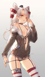 Rule 34 | 1girl, amatsukaze (kancolle), backlighting, black panties, breasts, brown dress, commentary request, cowboy shot, dress, garter straps, gradient background, hair tubes, highres, kantai collection, long hair, open mouth, panties, panty pull, partially visible vulva, pulling own clothes, red thighhighs, sailor dress, see-through, short dress, signature, silver hair, sleepy, small breasts, solo, standing, striped clothes, striped thighhighs, swd3e2, thighhighs, twitter username, two side up, underwear, very long hair, yellow eyes