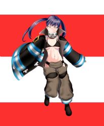 Rule 34 | 1girl, bad id, bad pixiv id, baggy pants, bikini, bikini top only, bikini under clothes, black bikini, black coat, black footwear, black hair, boots, breasts, coat, collar, commentary, en&#039;en no shouboutai, eyebrows hidden by hair, full body, gloves, grey pants, groin, hair between eyes, highres, hip vent, long hair, long sleeves, looking at viewer, medium breasts, metal gloves, midriff, moonuz, navel, open clothes, open coat, pants, parted lips, red background, sidelocks, simple background, solo, standing, swimsuit, tamaki kotatsu, twintails, two-tone background, underboob, white background, yellow eyes