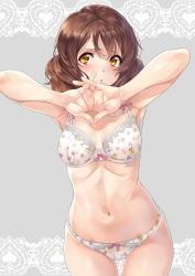 Rule 34 | 1girl, armpits, arms up, blush, bra, breasts, brown hair, chestnut mouth, cleavage, cowboy shot, floral print, grey background, hibike! euphonium, highres, interlocked fingers, nagayori, navel, oumae kumiko, own hands together, panties, parted lips, print bra, print panties, shiny skin, short hair, small breasts, solo, stomach, underwear, underwear only, white bra, white panties, yellow eyes