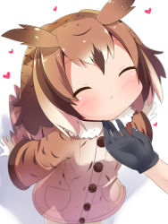 Rule 34 | 10s, 2girls, :&lt;, black gloves, blurry, blush, brown coat, brown hair, buttons, closed eyes, coat, depth of field, eurasian eagle owl (kemono friends), foreshortening, from above, fur collar, gloves, hair between eyes, hand on another&#039;s chin, head wings, heart, highres, kaban (kemono friends), kemono friends, long sleeves, makuran, multicolored hair, multiple girls, pov, shadow, short hair, solo focus, stroking another&#039;s chin, tail, white background, white hair, wings