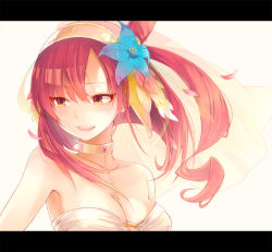 Rule 34 | 1girl, bare shoulders, breasts, choker, cleavage, flower, hair flower, hair ornament, hairband, hutuumikan, letterboxed, magi the labyrinth of magic, morgiana, open mouth, orange eyes, red hair, simple background, smile, solo, upper body, veil, yellow eyes