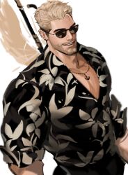 Rule 34 | 1boy, bara, black pants, black shirt, blonde hair, dopey (dopq), facial hair, floral print, highres, jewelry, large pectorals, lost ark, male focus, muscular, muscular male, necklace, original, pants, pectorals, shirt, short hair, sleeves rolled up, smile, solo, sunglasses, upper body