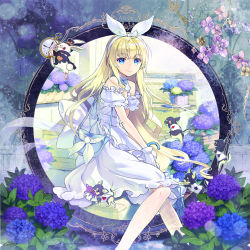 Rule 34 | 1girl, alice (alice in wonderland), alice in wonderland, animal, bag, bare shoulders, black hat, blonde hair, blue eyes, blue flower, character doll, character name, cheshire cat (alice in wonderland), closed mouth, clothed animal, club (shape), commentary request, dated, detached sleeves, diamond (shape), dog, dress, flower, hair ribbon, hairband, hat, heart, highres, hydrangea, key, long hair, looking at viewer, looking to the side, mouth hold, pocket watch, puffy short sleeves, puffy sleeves, purple flower, ribbon, sanbasou, short sleeves, shoulder bag, signature, sitting, sleeveless, sleeveless dress, solo, spade (shape), striped, stuffed animal, stuffed cat, stuffed toy, top hat, very long hair, watch, white dress, white hairband, white rabbit (alice in wonderland), white ribbon
