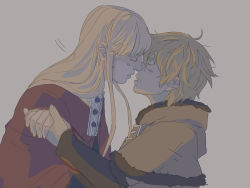 Rule 34 | 2boys, androgynous, blonde hair, blush, canute, eyelashes, face-to-face, fur trim, grey background, holding hands, konki, long hair, male focus, messy hair, motion lines, multiple boys, parted lips, prince, profile, sidelocks, simple background, teeth, thorfinn, viking, vinland saga, yaoi