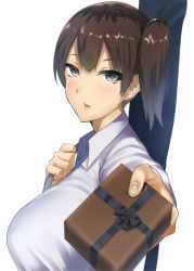 Rule 34 | 10s, 1girl, blush, box, breasts, brown eyes, brown hair, foreshortening, from side, gift, gift box, giving, hair between eyes, incoming gift, kaga (kancolle), kantai collection, large breasts, looking at viewer, looking to the side, muunyan (yumenekoya), parted lips, short hair, side ponytail, solo, upper body, valentine