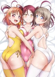 Rule 34 | 3girls, ahoge, ass, asymmetrical docking, blue eyes, braid, breast press, breasts, brown hair, clover hair ornament, commentary request, competition swimsuit, cowboy shot, hair ornament, highres, hug, large breasts, long hair, love live!, love live! sunshine!!, lying, mibushiro, multiple girls, one-piece swimsuit, open mouth, pink one-piece swimsuit, pink thighhighs, red hair, ribbon, sakurauchi riko, short hair, side-tie swimsuit, side braid, smile, swimsuit, symmetrical docking, takami chika, teeth, thighhighs, twintails, upper teeth only, watanabe you, white one-piece swimsuit, white thighhighs, yellow eyes, yellow one-piece swimsuit, yellow ribbon, yellow thighhighs