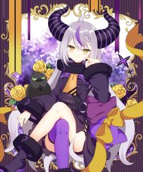 Rule 34 | 1girl, absurdres, ascot, ayamisiro, belt, blush, braid, closed mouth, collar, crossed legs, crow (la+ darknesss), foot out of frame, hair between eyes, hand up, highres, hololive, holox, horns, la+ darknesss, long hair, long sleeves, looking at viewer, pointy ears, purple thighhighs, silver hair, single thighhigh, sitting, smile, solo, striped horns, thighhighs, very long hair, virtual youtuber, yellow ascot, yellow eyes