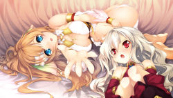 Rule 34 | 2girls, bare shoulders, barefoot, between breasts, blue eyes, breasts, brown hair, casty riernoit, ciel nosurge, cleavage, flower, gust, hair flower, hair ornament, highres, ionasal kkll preciel, itsuki (spitbreak), jewelry, lying, multiple girls, necklace, on back, on side, open mouth, red eyes, surge concerto, white hair