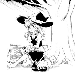 Rule 34 | 1girl, apron, barefoot, basket, black hat, black skirt, black vest, bow, closed mouth, frilled apron, frills, full body, giantcavemushroom, happy, hat, hat bow, highres, kirisame marisa, long hair, mary janes, monochrome, mushroom, puffy short sleeves, puffy sleeves, shirt, shoes, short sleeves, sitting, skirt, smile, soles, solo, toenails, toes, touhou, tree, turtleneck, unworn shoes, vest, waist apron, witch, witch hat