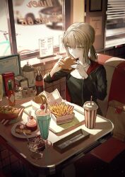 Rule 34 | 1girl, :t, artoria pendragon (all), artoria pendragon (fate), black jacket, black shirt, booth seating, brown eyes, burger, diner, drink, eating, food, french fries, hair between eyes, highres, holding, holding burger, holding food, hood, hood down, hooded jacket, indoors, jacket, light brown hair, long hair, low ponytail, open clothes, open jacket, original, saber alter, saber alter (ver. shinjuku 1999) (fate), shirt, sidelocks, sitting, solo, table, tamitami, window, window blinds