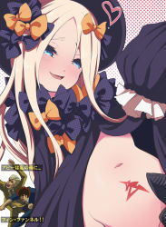 Rule 34 | 1girl, abigail williams (fate), black bow, black dress, black headwear, blonde hair, blue eyes, blush, bow, character request, commentary request, dress, fate/grand order, fate (series), fujitaka nasu, hat, heart, highres, long hair, looking at viewer, multiple bows, navel, orange bow, parted bangs, polka dot, polka dot bow, sleeves past fingers, sleeves past wrists, smile, solo focus, tattoo, translation request
