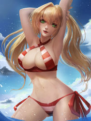 Rule 34 | 1girl, armpits, blonde hair, blush, caster (nero claudius), fate/grand order, fate (series), green eyes, highres, long hair, sky, twintails