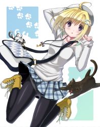 Rule 34 | 1girl, ahoge, bad id, bad pixiv id, bag, blonde hair, boots, cat, clothes lift, colorized, cross-laced footwear, highres, jewelry, key, key necklace, lace-up boots, legs, lying, necklace, original, pan (mimi), panties, panties under pantyhose, pantyhose, popi (pixiv), shoulder bag, solo, underwear, vi (ena0930), white panties