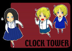 Rule 34 | &gt;:o, 2boys, :o, anger vein, angry, black hair, blazer, blonde hair, blue eyes, blush, bobby barrows, brothers, buttons, chestnut mouth, clenched hand, clock tower: the first fear, clock tower (series), copyright name, edward (clock tower), english text, full body, jacket, jennifer simpson, kneehighs, long hair, long sleeves, lowres, multiple boys, neck ribbon, open mouth, outline, parted bangs, pleated skirt, raised fist, ribbon, school uniform, shirt, short hair, shorts, siblings, skirt, socks, suspenders, sweatdrop, twins, v-shaped eyebrows