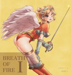 Rule 34 | 1boy, 1girl, angel wings, armor, ass, blonde hair, blue eyes, blue hair, breath of fire, breath of fire i, dated, elbow gloves, feathered wings, feet out of frame, gloves, hamamuraacca, leotard, looking at viewer, nina (breath of fire i), one eye closed, open mouth, rapier, red leotard, short hair, simple background, smile, sword, thighhighs, weapon, wedgie, white wings, wings, wink