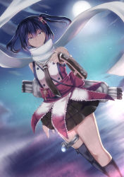 Rule 34 | 10s, 1girl, asymmetrical legwear, bare shoulders, black hair, dutch angle, full moon, gradient background, grin, hair ornament, highres, kantai collection, max (maximax), moon, night, pleated skirt, scarf, sendai (kancolle), sendai kai ni (kancolle), skirt, smile, solo, uneven legwear, water, yellow eyes