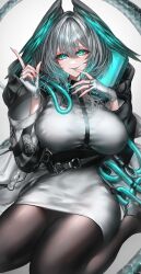 Rule 34 | 1girl, absurdres, akqne, aqua eyes, aqua hair, aqua nails, arknights, belt, black pantyhose, dress, fangs, finger to mouth, fingerless gloves, fingernails, gloves, gradient hair, grey dress, grey gloves, grey hair, head wings, highres, ho&#039;olheyak (arknights), impossible clothes, impossible dress, index finger raised, long fingernails, long hair, long sleeves, looking at viewer, multicolored hair, nail polish, pantyhose, simple background, sitting, skin fangs, solo, thighs, wariza, white background, wings