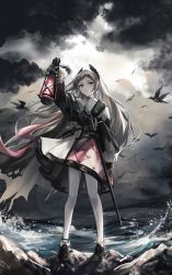 Rule 34 | 1girl, absurdres, ammunition belt, arknights, bird, black gloves, black jacket, capelet, closed mouth, cloud, cloudy sky, gloves, grey hair, gun, high-waist skirt, highres, holding, holding lantern, horizon, irene (arknights), jacket, lantern, light, long hair, long sleeves, looking at viewer, mihaia, ocean, pink skirt, print skirt, purple eyes, sheath, sheathed, skirt, sky, solo, sword, very long hair, water, waves, weapon, white capelet, white skirt