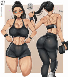 Rule 34 | 1girl, absurdres, almualim, alternate hairstyle, ass, back, black hair, blue eyes, border, breasts, breath, choker, cleavage, clothes pull, collarbone, commentary, curvy, dumbbell, earrings, english commentary, english text, gym shorts, gym uniform, hand in own hair, heart, high ponytail, highres, hoop earrings, huge ass, jewelry, large breasts, lips, multiple views, muscular, muscular female, nico robin, one piece, pants, parted lips, patreon username, ponytail, shiny skin, shorts, shorts pull, signature, simple background, sparkle, sports bra, stomach, sweat, tan, thighs, track pants, very sweaty, white border, wide hips