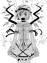 Rule 34 | 1girl, :d, crazy eyes, crystal, embodiment of scarlet devil, empty eyes, explosion, fangs, female focus, flandre scarlet, greyscale, kannazuki hato, monochrome, open mouth, short hair, simple background, smile, solo, touhou, wings