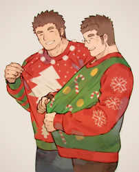 Rule 34 | 2boys, ^ ^, bara, blush, brown hair, candy, candy cane, candy print, chataro1412, christmas, closed eyes, couple, closed eyes, food, glasses, green sweater, male focus, protagonist 3 (housamo), multiple boys, red sweater, motoori shiro, short hair, sideburns, simple background, sweater, thick eyebrows, tokyo houkago summoners, upper body