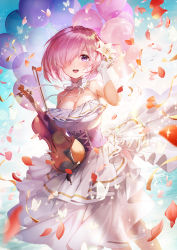 Rule 34 | absurdres, adjusting hair, alternate costume, apple caramel, balloon, bare shoulders, blue sky, breasts, bug, butterfly, cleavage, commentary request, detached collar, dress, fate/grand order, fate (series), flower, gloves, hair between eyes, hair flower, hair ornament, hair over one eye, halter dress, halterneck, highres, holding, holding instrument, holding violin, insect, instrument, light particles, looking at viewer, mash kyrielight, medium breasts, open mouth, petals, purple eyes, purple hair, short hair, sky, sleeveless, sleeveless dress, solo, violin, water, white dress, white flower, white gloves