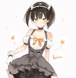 Rule 34 | 1girl, bare shoulders, black bow, black bowtie, black hair, blush, bow, bowtie, character name, closed mouth, commentary request, gloves, grey background, grey eyes, grey skirt, hairband, hakari kanna, high-waist skirt, kanna channel, looking at viewer, lpip, orange bow, orange bowtie, skirt, skirt hold, solo, standing, suspender skirt, suspenders, twintails, upper body, virtual youtuber, white gloves