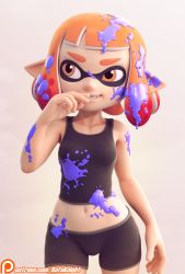 Rule 34 | 1girl, 3d, bare arms, bike shorts, breasts, cowboy shot, domino mask, hand on mouth, highres, inkling player character, looking to the side, mask, midriff, navel, nintendo, orange eyes, orange hair, paint, paint splatter, paint splatter on face, pointy ears, rafaknight, short hair, shorts, smile, solo, splatoon (series), tank top, teeth, watermark, web address