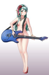Rule 34 | 1girl, absurdres, aqua hair, bang dream!, blush, bracelet, breasts, closed mouth, convenient censoring, flower, furiousghafo, gradient background, green eyes, guitar, hair censor, hair flower, hair ornament, hair over breasts, hair over one breast, high heels, highres, hikawa sayo, instrument, jewelry, long hair, navel, necklace, nude, rose, simple background, small breasts, solo, standing
