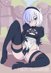 Rule 34 | 1girl, android, black hairband, boots, breasts, cleavage, cleavage cutout, clothing cutout, hairband, high heel boots, high heels, highres, leotard, lindfold, nier (series), nier:automata, short hair, silver hair, solo, thigh boots, thighhighs, thong leotard, 2b (nier:automata)