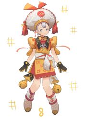 Rule 34 | 1girl, appi, bell, black mittens, boots, full body, grey eyes, grey hair, hat, highres, knot, mittens, original, puffy short sleeves, puffy sleeves, short sleeves, smile, solo, tassel, white background, white footwear, white hat