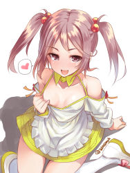 Rule 34 | 1girl, alternate costume, blush, breasts, collarbone, detached collar, downblouse, dress, hair bobbles, hair ornament, heart, highres, kantai collection, long sleeves, nipples, no bra, pink eyes, pink hair, sazanami (kancolle), shoes, short hair, simple background, small breasts, smile, solo, spoken heart, takase muh, twintails, twitter username, white background, white footwear, white legwear